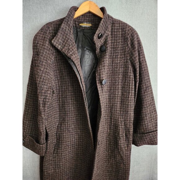 Vintage London Fog Wool Brown Black Houndstooth Long Coat 16 Reg Made in USA - Picture 1 of 13